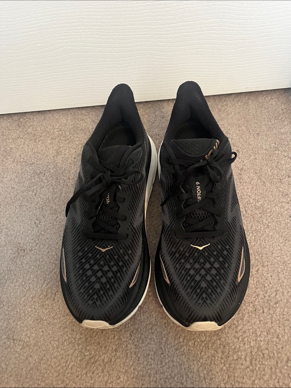 Hoka Clifton 9 Black Running Shoes with Rose Gold Logo Accents - Picture 3 of 6